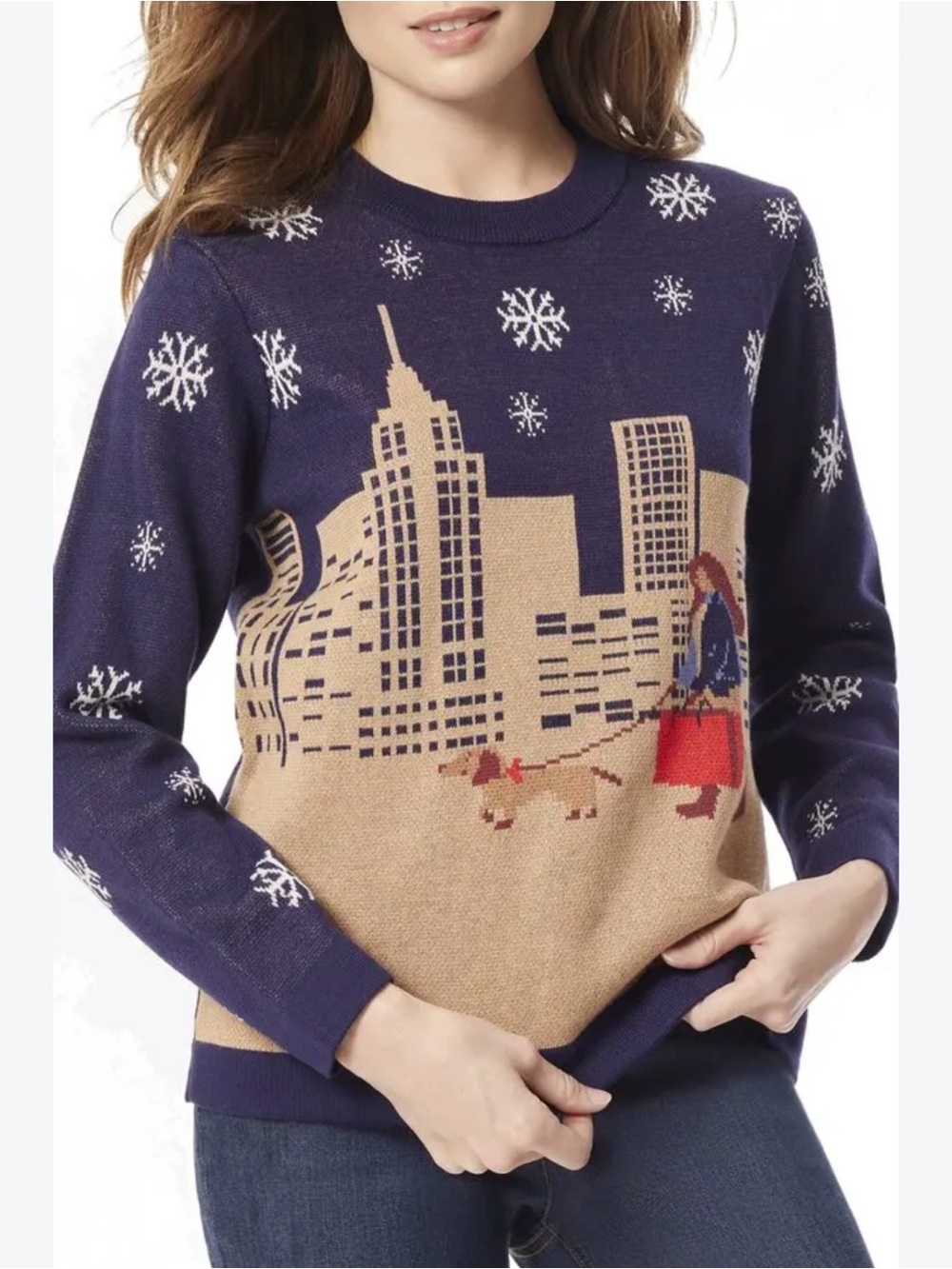 Jones New York Walking Dog Crewneck Sweater Cotton Blend Comfort XL Skyline